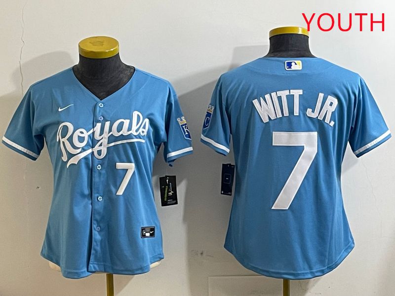 Youth Kansas City Royals 7 Witt jr Light Blue Game 2025 Nike MLB Jersey style 5